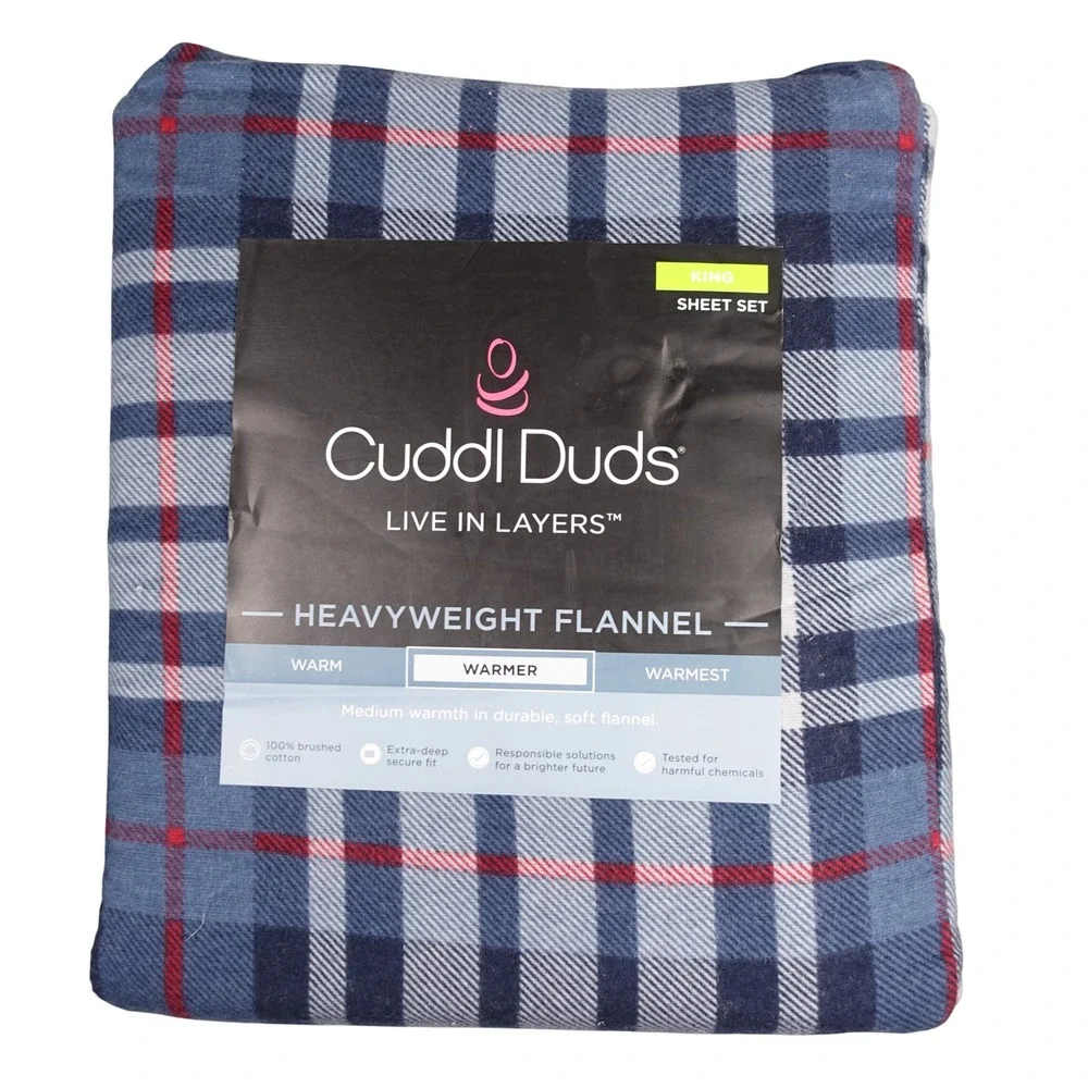 Cuddl Duds King Sheet Set Heavyweight Flannel Navy Red Plaid 100% Cotton NEW